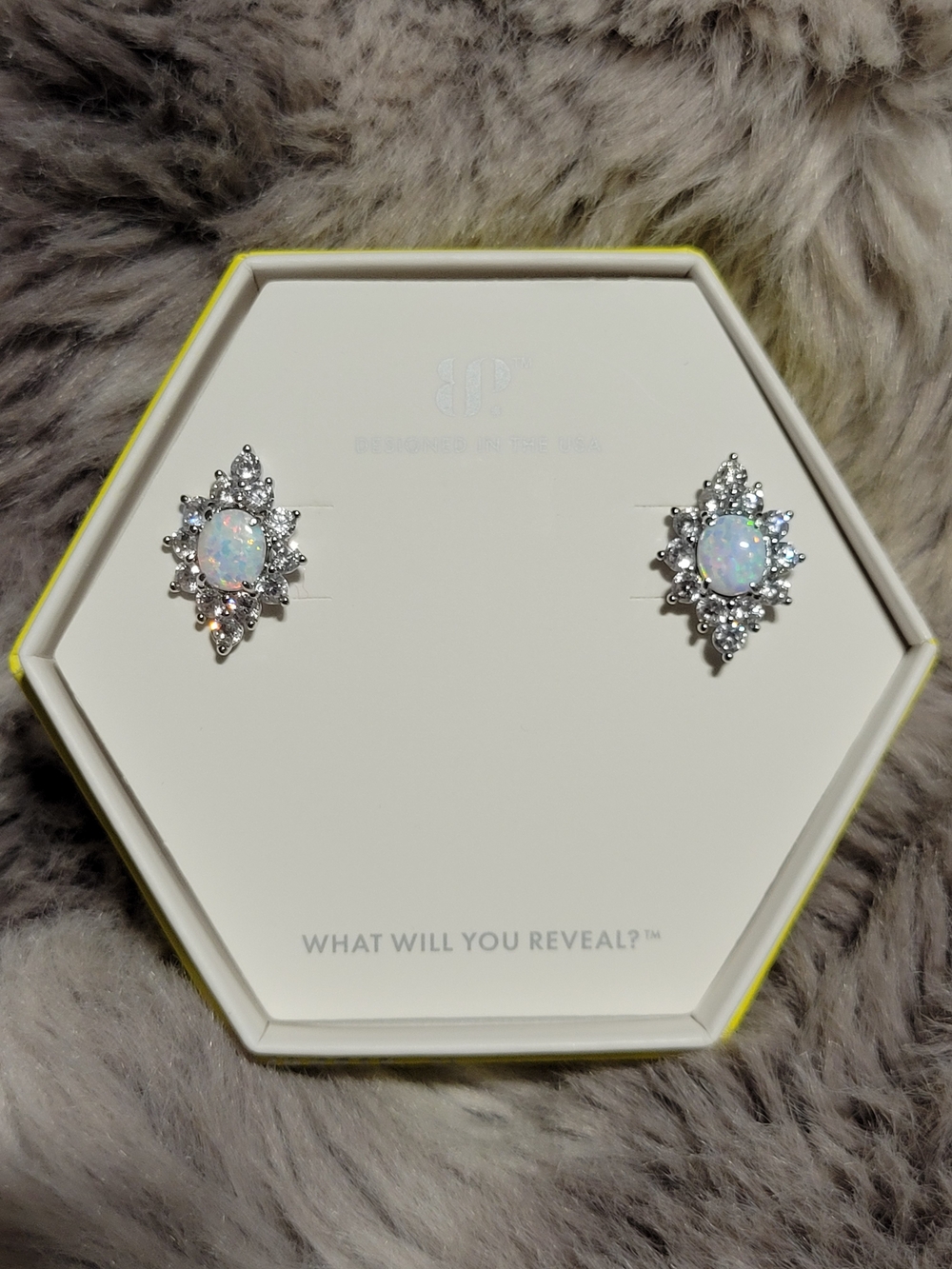 Opal Halo Stud Earrings - Silver Tone